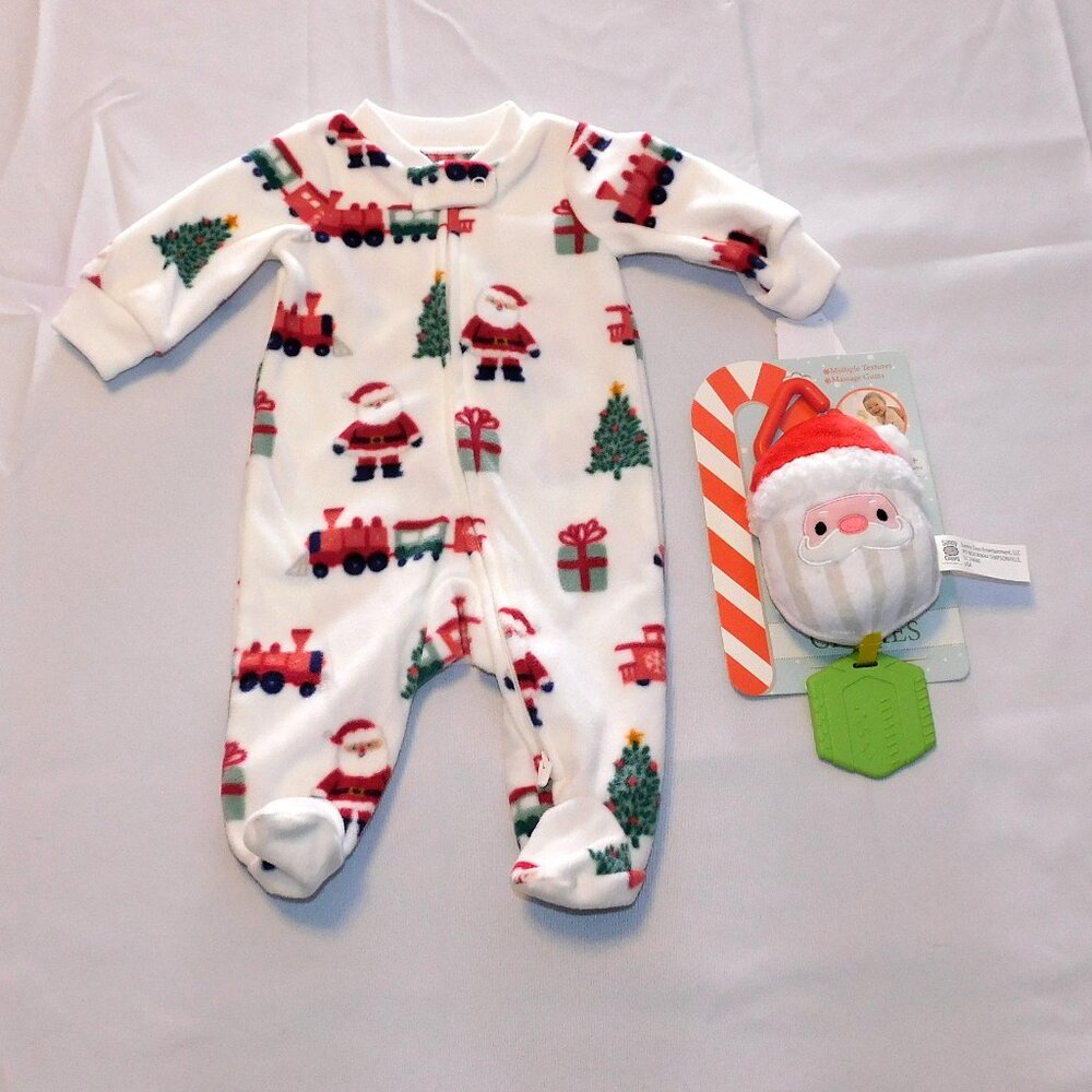 Baby First Christmas Pajamas Footies Toy Santa Newborn 3 6 Months Fleece NEW